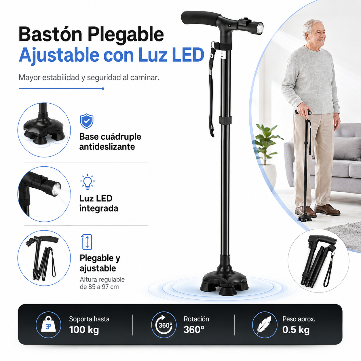Baston Adulto Mayor Plegable Linterna